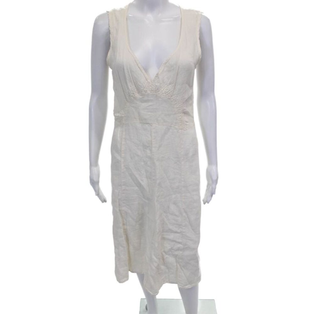 Calypso Christiane Celle Women Tank Dress Linen Ivory V Neck Midi Size XS